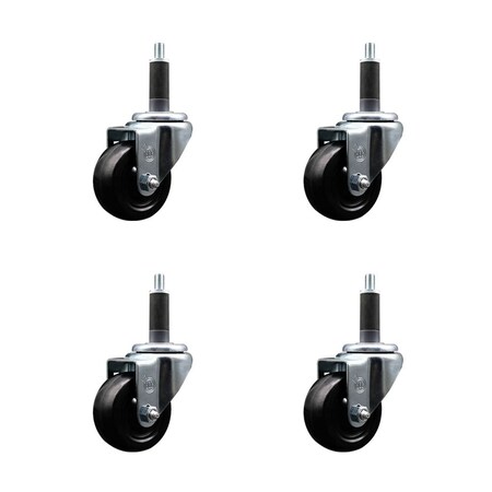 Service Caster 3'' SS Soft Rubber Wheel Swivel 1'' Expanding Stem Caster Set, 4PK SCC-SSEX20S314-SRS-1-4